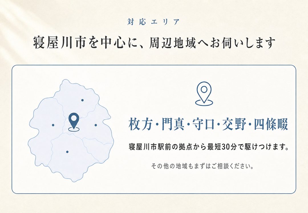 対応エリア:寝屋川市を中心に、周辺地域へお伺いします。枚方・門真・守口・交野・四條畷